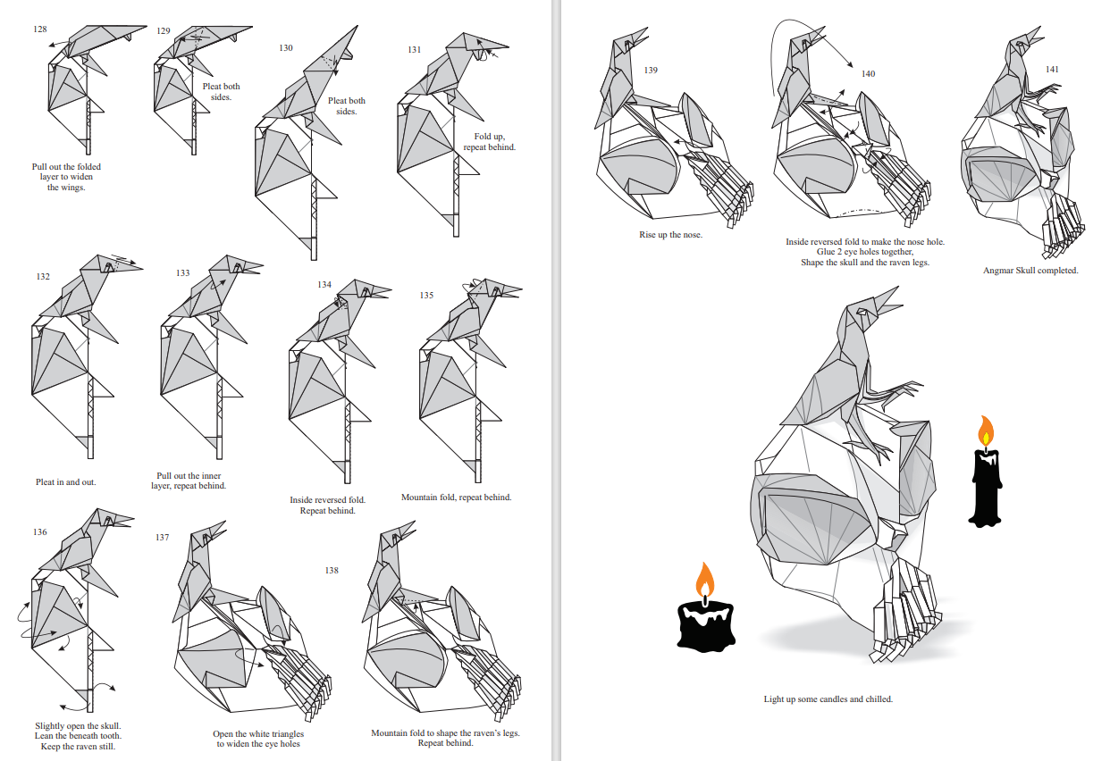 Origami Raven Instruction Diagram - Raven on Skull from 1 paper.