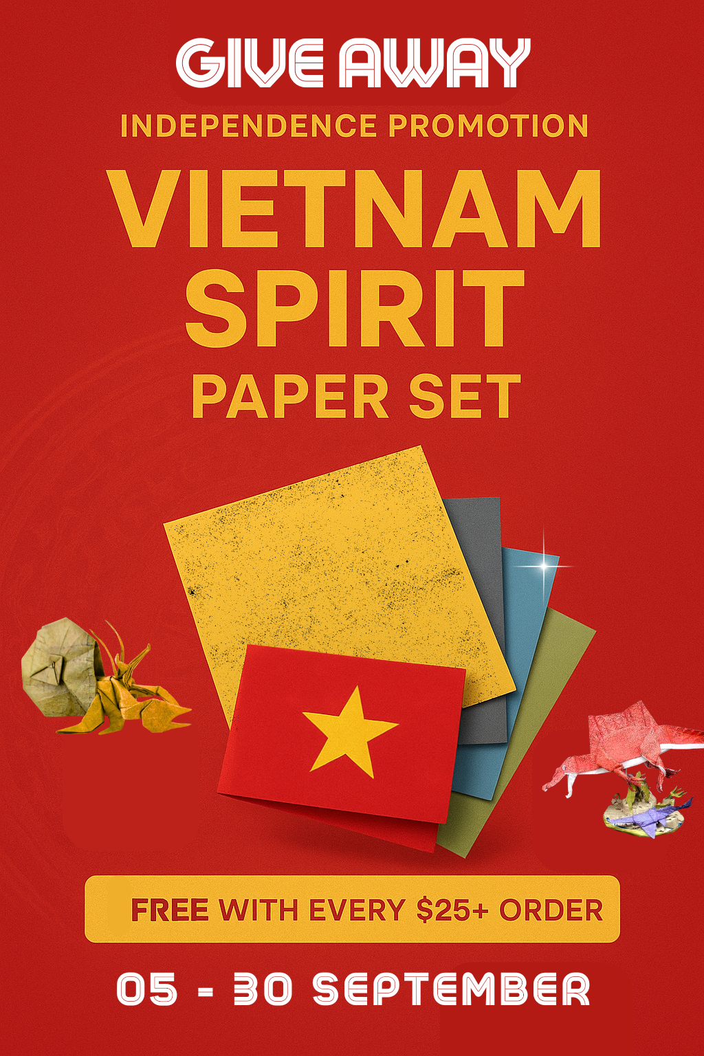 Promotional poster for Vietnam Spirit paper set with red background and text.