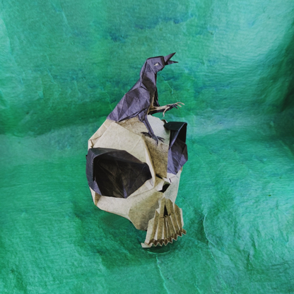 Origami Raven Instruction Diagram - Raven on Skull from 1 paper.