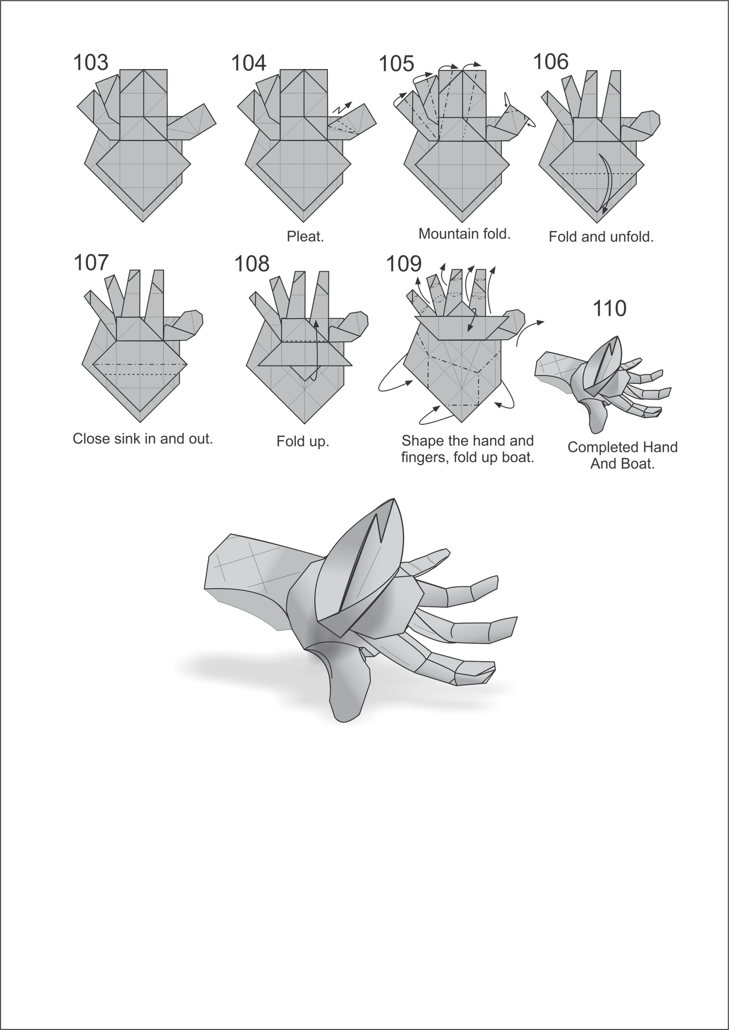 Origami Hand Instruction Diagram - Hand and boat Ebook- Origami boat on hand